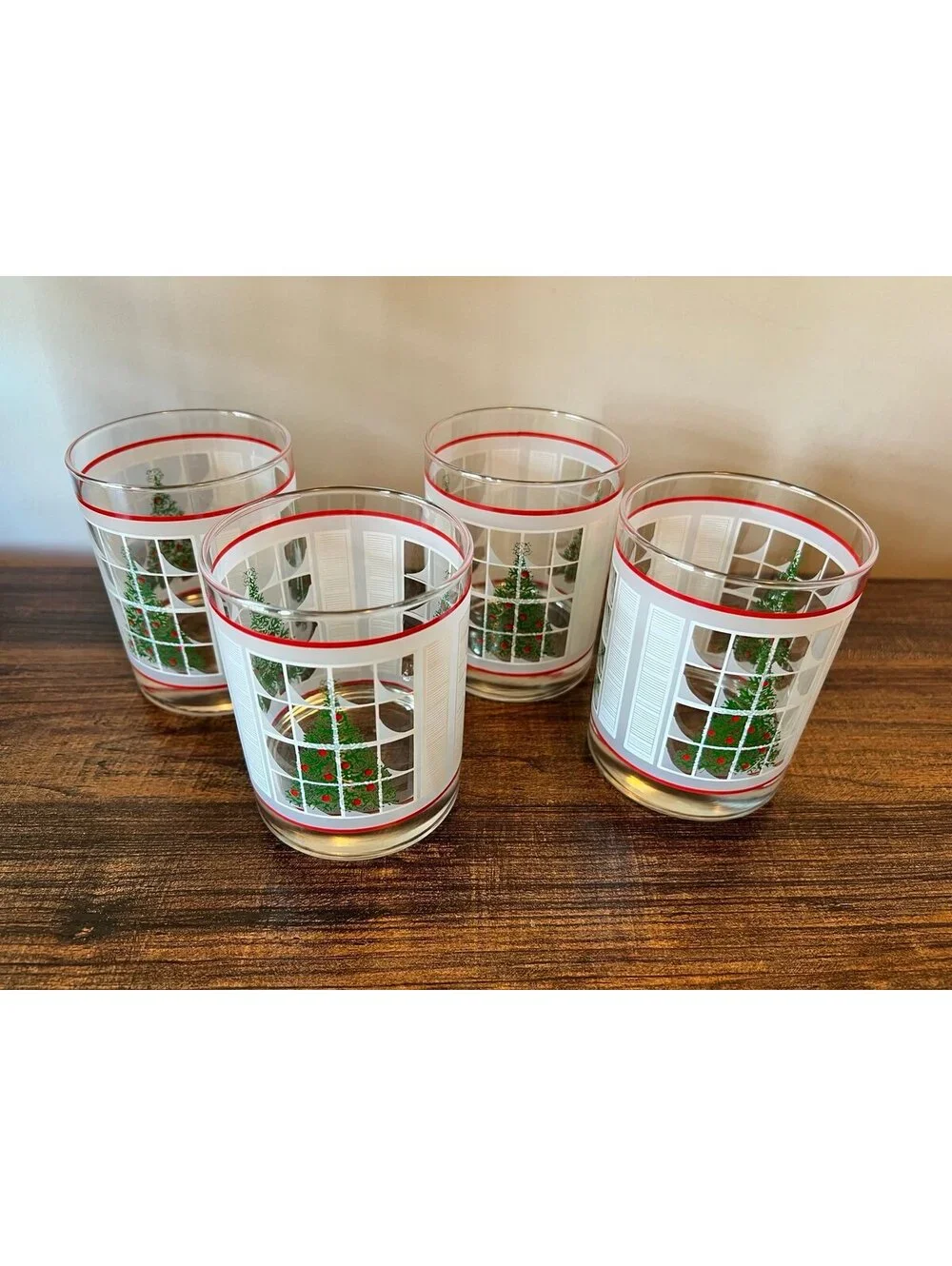 Set Of 4 Christmas Tree Glasses Old Fashion Style Snow Frosted window Pane Scene